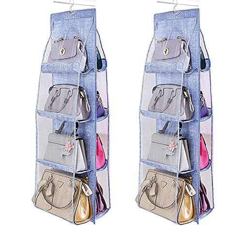 Hanging Purse Organizer, 2Pack Handbag Organizer, 8 Easy Access Pockets Hanging Purse Handbag Organizer Hanging Closet Storage Bag, Soft Foldable Dust-Proof Holder Bag, Blue 46â€ L x 13.8â€ W