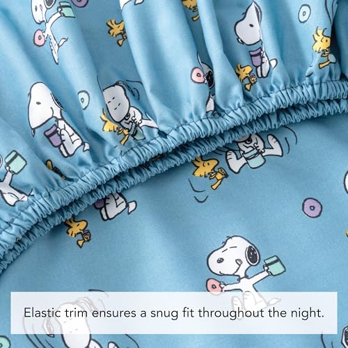 Image of Berkshire Blanket Peanuts Fitted Sheet King Size(Only), Cute Character Snoopy Microfiber Sheet with Deep Pocket, Soft and Breathable, Snoopy's Morning Coffee Small Blue