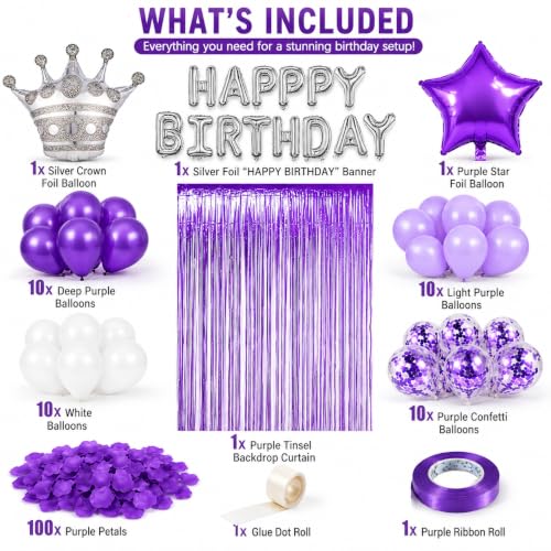 Image of Purple Birthday Decorations for Women | Happy Birthday Balloons and Star Crown Balloons, Fringe Curtain and petals for Women Girls Princess Party