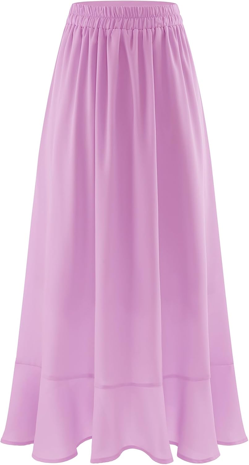 Women Midi Skirt Ruffle 2025 Skirts Flowy Elastic Waist Chiffon Casual Split Long Skirt with Lining - Image 4