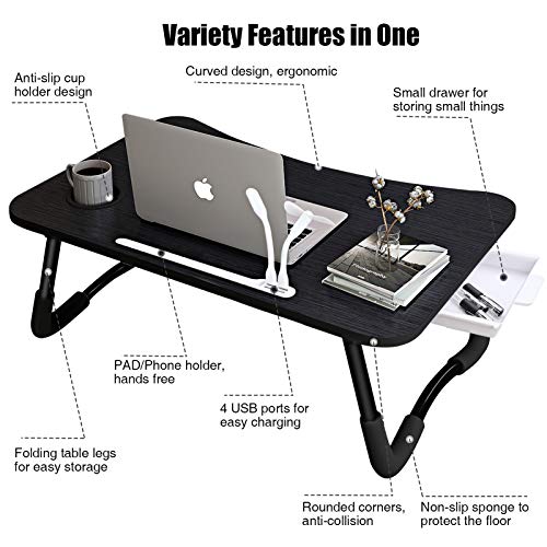 A3A ACADGQ Laptoptisch, Laptop Betttisch Klappbar, Notebook Tisch mit 4 USB Ladeanschluss, Schublade, PAD Ständet, Cup Slot, für Bett, Sofa, Boden (60 x 40 cm, Schwarz) – Bild 3