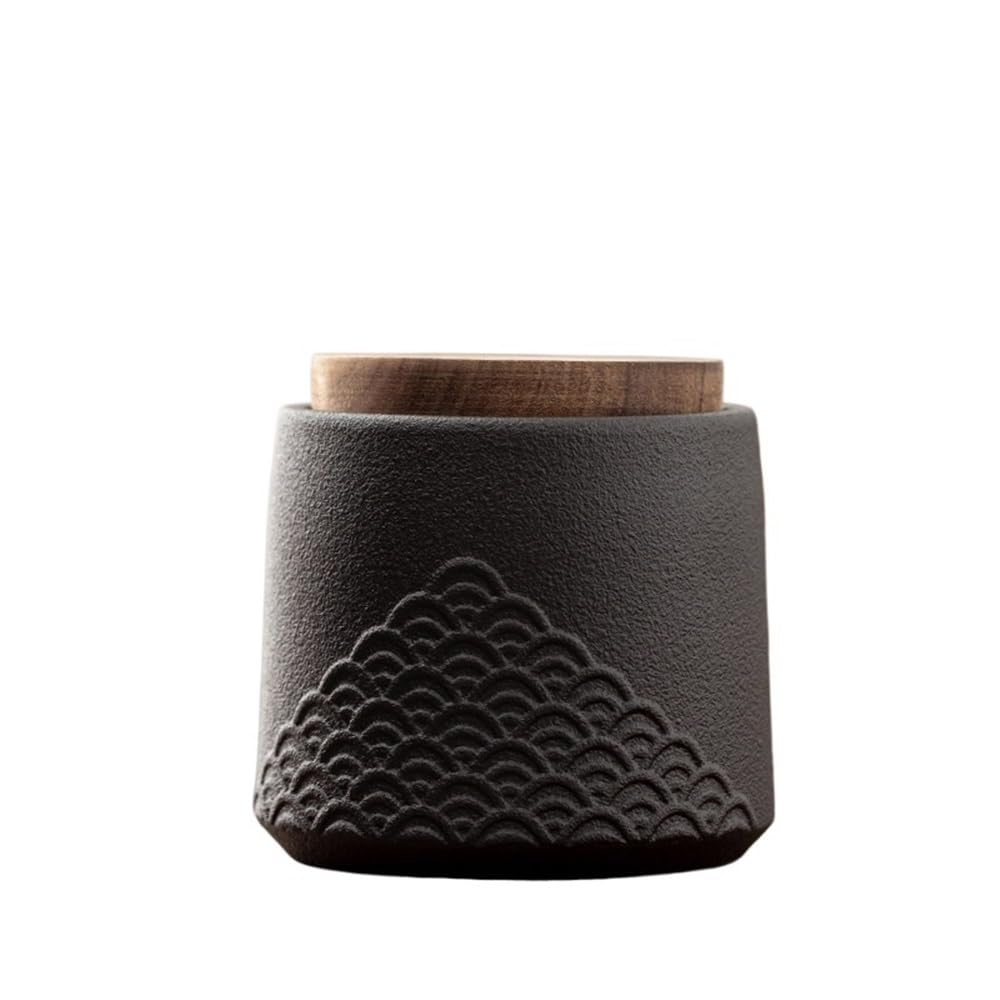 HLHLOP777 Kitchen Storage Jar Ceramic Tea Canister With Wooden Lid Household Chinese Kitchen Sealed Storage Jar ﻿ Leaf Tea Jar(Black)
