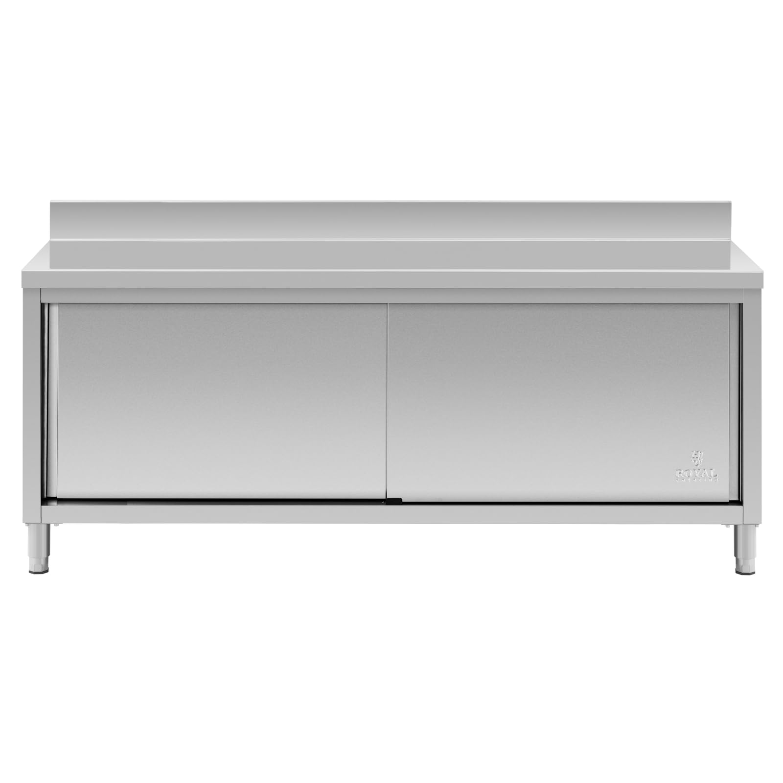 Royal Catering Arbeitstisch Edelstahltisch mit Unterschrank 200 x 60 cm mit Aufkantung bis 500 kg höhenverstellbare Füße Edelstahl-Tisch Arbeitsschrank Edelstahl Gastro-Edelstahlschrank