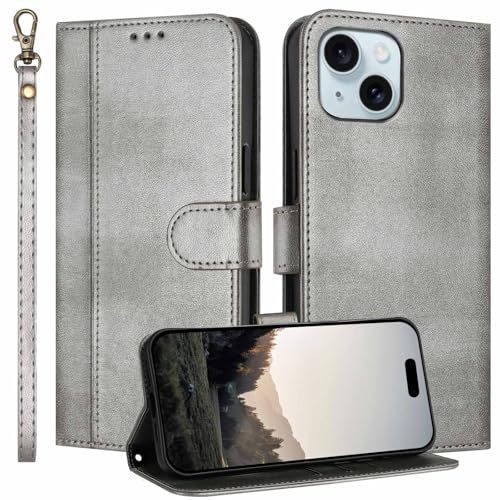 JanCalm for iPhone 15 Case with Wallet, Card Holder Cash Slots, Detachable Wrist Strap, Minimalist Designed Cover, Premium PU Leather Phone Protective, Stand Flip Cases (Gray)