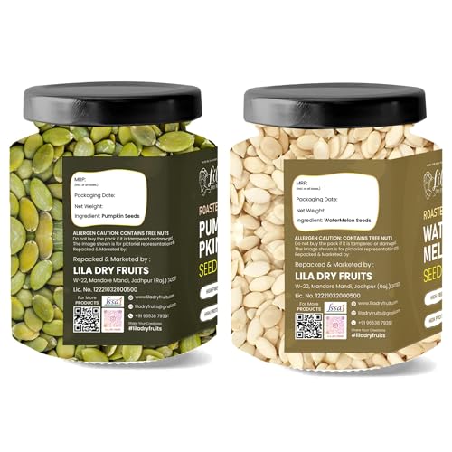 Image of LILA DRY FRUITS Roasted Watermelon Pumpkin Seeds Combo Pack 400 Grams (200g x 2) | Protein Rich Roasted Seeds Snack | Crunchy Healthy Namkeen for Gym, Fitness & Daily Snacking Perfect for Gifting