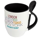 Material: Keramik-Tasse inkl. farblich passendem Keramik-Löffel im Henkel - innen und Henkel schwarz beschichtet
