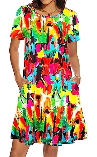 Image of Casual Summer Dresses for Women Beach Sun Dress Short Sleeve Tshirt Dress with Pockets