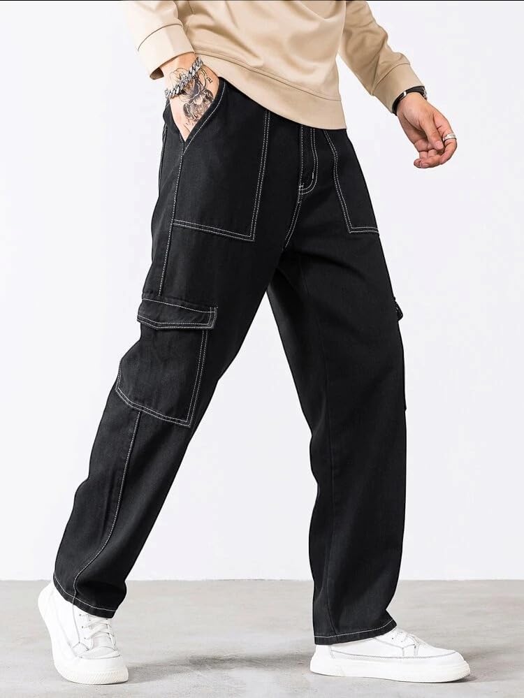 Mens Cargo Pants Casual Joggers Athletic Pants Cotton Loose Straight Sweatpants - Black2