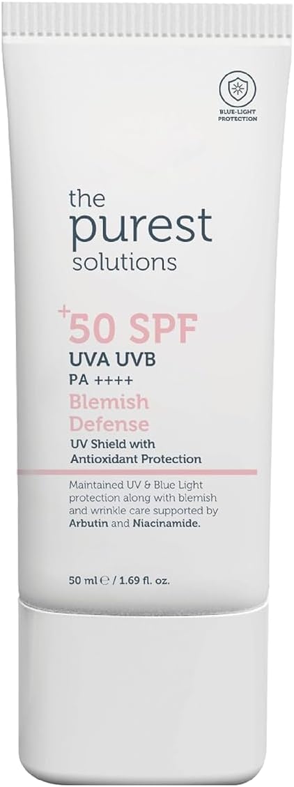 The Purest Solutions Blemish Defense (UV Shield with Antioxidant Protection SPF 50+) - 8h UVA Protection, Arbutin & Niacinamide for Skin Tone Harmonization and Moisturizers - Vegan (50 ml)