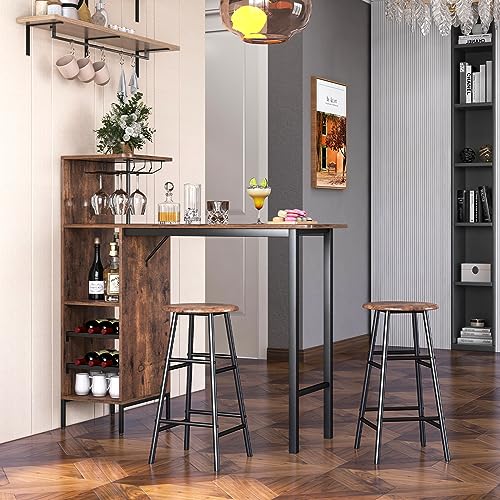 COSTWAY Table Haute Cuisine avec Tabouret, Mange Debout Industriel avec Porte-Verre Porte-Bouteilles, Table Bar avec Tabouret 2 Personnes Compact pour Cuisine...