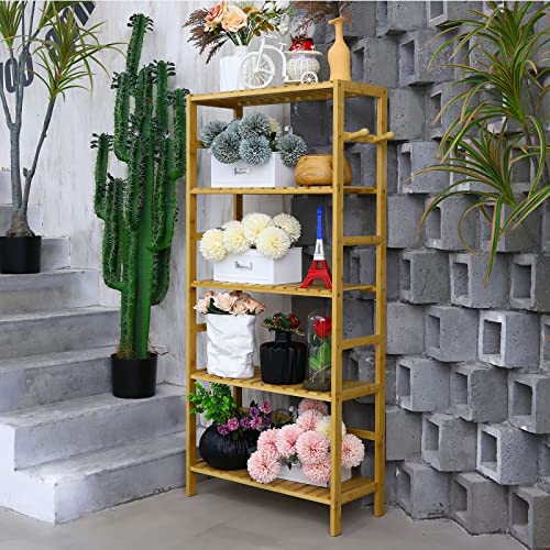 Kozart Bamboo Bookshelf 5 Tier Adjustable Bookcase 51.18” Tall Waterproof Bathroom Shelves Book Shelf With Diagonal Hooks Plant Stands Standing Shelf For Living Room Bedroom Kitchen Office (Natural) #TOP1