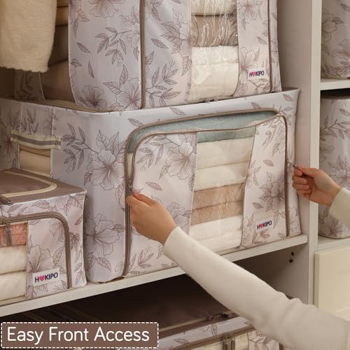 Image of HOKIPO 88L(XL) Folding Storage Box and Organiser for Clothes, 600D Oxford Fabric Storage Box, Latte Floral Pack of 1 (AR-6487-LBR)