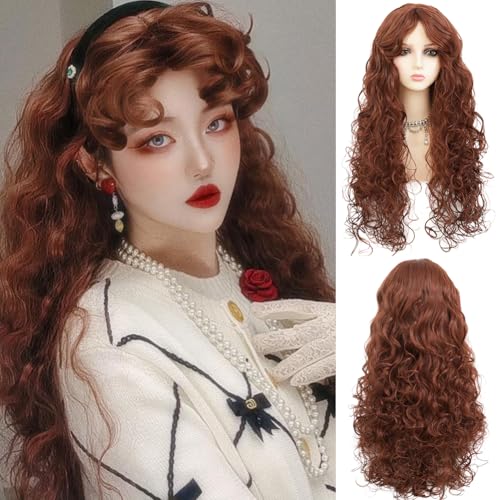 Dai Cloud Brown Long Curly Wavy Wigs with Bangs Natural Looking Princess Synthetic Heat Resistant Fiber Women Wigs for Halloween Cosplay Daily Use