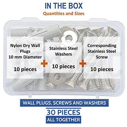 Image of 10 mm Diameter Nylon Dry Wall Rawl Plugs /Gitti, Stainless Steel Screws Flat Phillips Head Counter Sunk (CSK) Type and Washers (Set of 10 - Total 30 pc pack)