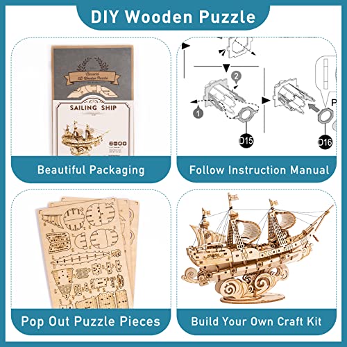 RoWood 3D Wooden Puzzle for Adults, Vintage Wooden Watercraft Model Sailboat Kit to Build, Best Gift Ideas Crafts Kit for Adults - Sailling Ship by rowood - Image 7