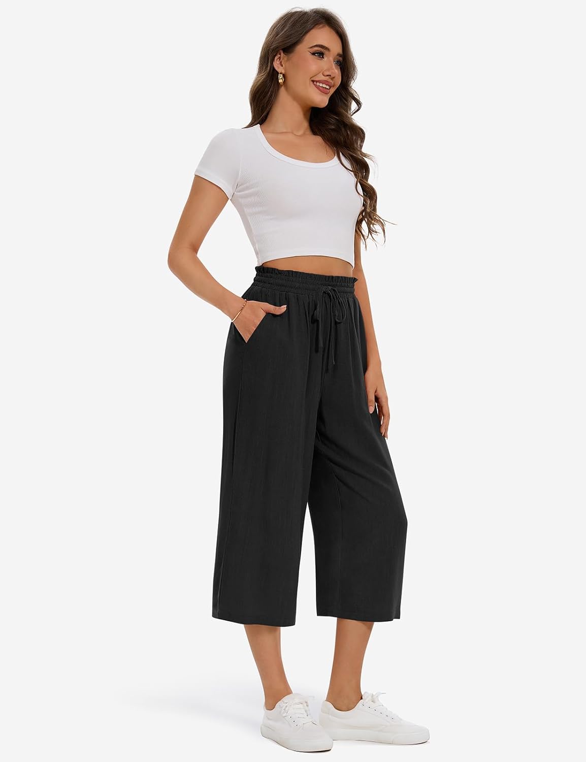 UEU Women's Linen Capris Wide Leg Ruffle High Waisted Pants Casual Drawstring Summer Loose Capri Pants with Pockets - Image 3
