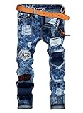 Men's Ripped Badges Slim Fit Jeans Blue A161 32