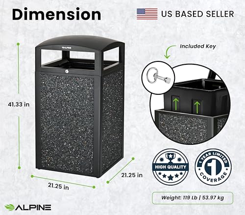 Image of Alpine Industries 40 Gallon Commercial Outdoor Trash Can, Metal with Removable Bin & Locking Lid (Black, Grey Stone)