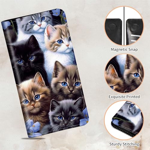 Bifold Wallet for Men Women,Dual Magnetic Clasp Closure PU Leather Long Wallet Clutch Bag with RFID Blocking+Money Phone Pockets + Card Slots,Cute Cat3