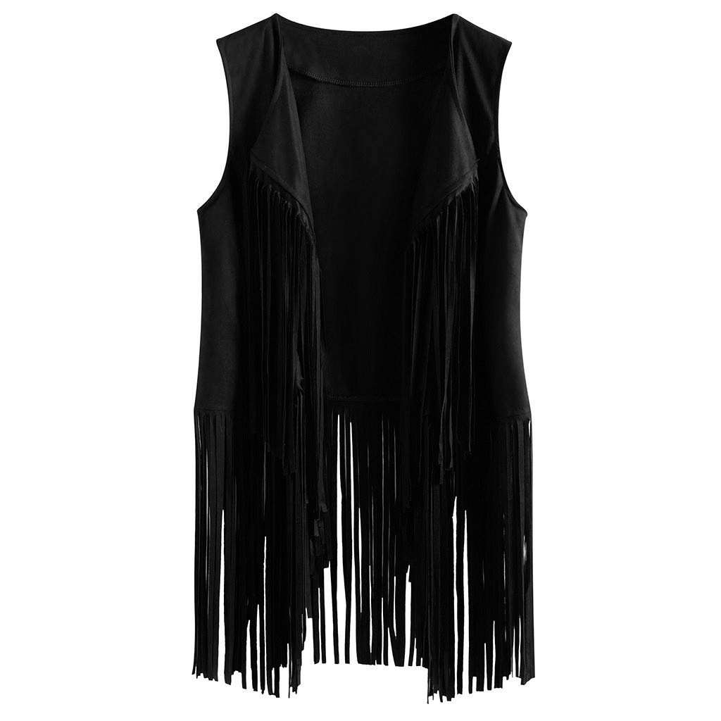Women Autumn Winter Suede Ethnic Sleeveless Tassels Fringed Vest Cardigan Woman Fleece Coat (Black, XXXL)