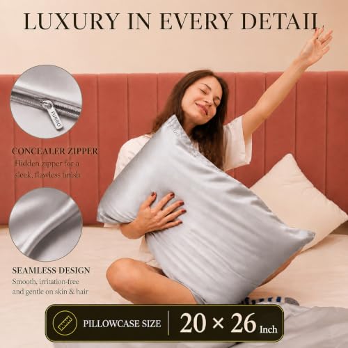 Image of FURBO 100% Pure Mulberry Silk Pillowcase | 22 Momme 6A Grade Silk Pillow Cover for Hair & Skin | Cooling, Breathable, Smooth & Soft | Hidden Zipper Closure | Anti-Frizz (1 Pack, Silver)