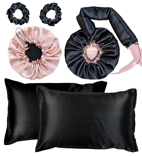 Kit Touca Difusora Dupla + Touca Dormir + 2 Fronhas + 2 Xuxinhas (Preto/Champagne)