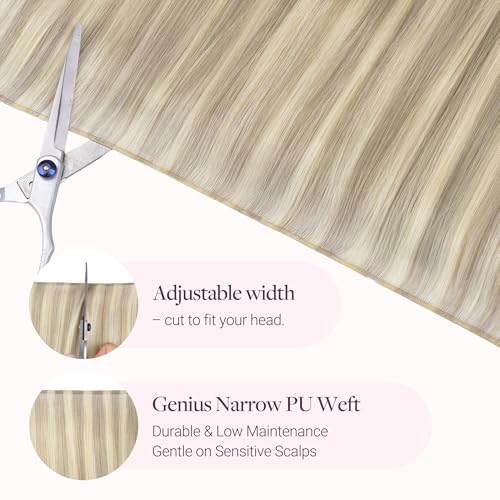 Image of GOO GOO Genius Narrow Edge PU Weft Hair Extensions Human Hair, Invisible Sew in Hair Extensions Human Hair, P17A /60A Ash Blonde Highlighted Platinum Blonde 18 Inch 100g, Seamless Soft Lightweight