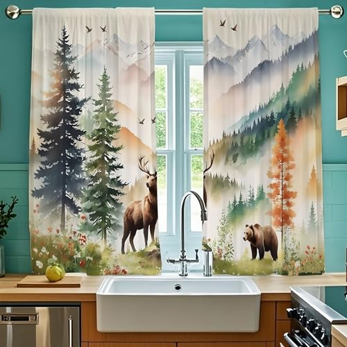 Pakena Rustic Forest Kitchen Curtains Vintage Woodland Deer Small Short Cafe Tiers Farmhouse Nature Mountain Landscape Country Bathroom Window Treatment Drapes 2 Panels 26x36 Inch