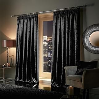 viceroy bedding Pair of Heavy Crushed Velvet Curtains PENCIL PLEAT TAPE TOP Fully Lined Curtains Jet Black 66" Width x 72" Depth