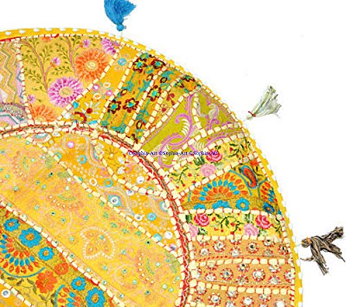 Sophia Art Round Floor Pillow Cushion Patchwork Pouf Ottoman Vintage Indian Foot Stool Bean Bag Floor Pillow Cover Home Decor Living Room Ottoman Bohemain Pillows (Lemon Yellow, 22 Inch)