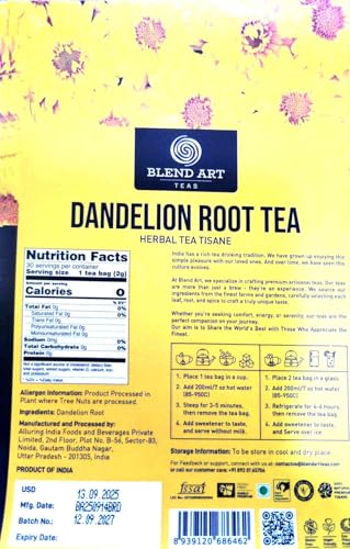 Image of Blendart Dandelion Leaf & Root Tea bags, 30 Teabags - Natural Dandelion Herbal Tea for Liver & Kidney Detox Health - Caffeine-free Support IMPROVES DIGESTION & Boost Immune System Detox Herbal Tea