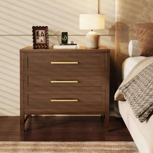 SUPERJARE 26.8'' Tall Night Stand with Charging Station, Set of 2 | 27.6''W Nightstand with USB-C Port, Bedside Table with 3 Drawers, Modern End Table for Bedroom, Living Room, Walnut - image 3