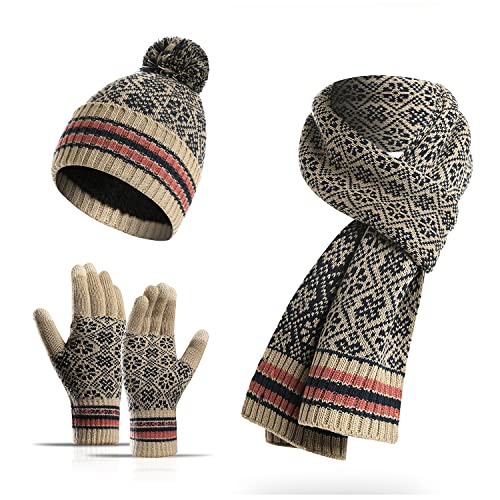 ecodudo 3 Pieces Winter Hat Scarf and Glove Set Knit Snowflake Pattern Beanie Hat Warm Long Scarf with Touchscreen Gloves for Women (Beige)