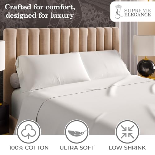 Image of 100% Cotton Queen Size Bed Sheets White, Ultra-Soft & Silky 600 Thread Count Sateen Bed Sheet, 4-Piece Queen Sheets Set (1 Flat Sheet, 1 Fitted Sheet & 2 Pillowcases) with Deep Pocket