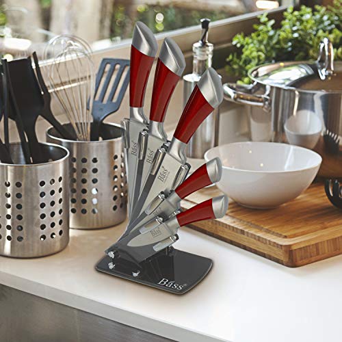 Evelyne Gmt-10031 Stainless Steel Kitchen Knife Set With Red Handle Hilt, 5 Knives And 1 Pivotable Swivel Holding Block With See-Thru Side #TOP4