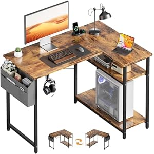 HLONONE Eckschreibtisch, Computertisch mit Verstellbare Ablagen, Umkehrbar Schreibtisch L Form mit Kopfhörer Halter & Aufbewahrungstasche, 110 x 80 cm Bürotisch für Heimbüro und Gaming, Vintagebraun