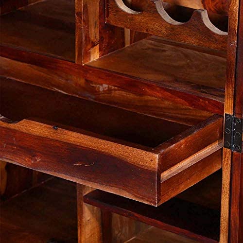 Image of Jangid Handicraft Solid Sheesham Wood Bar Cabinet for Home | Big Wooden Bar Cabinets with Glass & Wine Storage Rack with Drawer | Rosewood, Honey Oak Finish