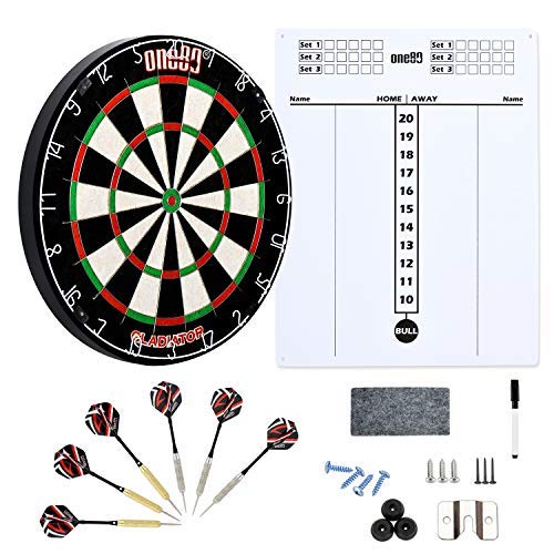 ONE80 Gladiator Dartboard with Compeletly Staple Free Wire for Maximum Scoring Potential and Less Bounce Outs, Large Scoreboard, Two Sets of Steeltip Darts