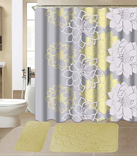 All American Collection 15-Piece Bathroom Set with 2 Memory Foam Bath Mats and Matching Shower Curtain | Designer Patterns and Colors (Flower Yellow)