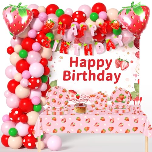 Strawberry Birthday Decorations - Berry Theme Birthday Party Supplies of Strawberry Balloon Arch Kit Different Sizes 5 12 In Red and Pink Balloons with Strawberry Balloons, Backdrop, Berry Table Sets