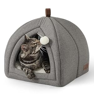 Bedsure Cat Beds for Indoor Cats – 2 in 1 Cat Cave for Kittens and Small Pets, Foldable Cat House Tent with Removable Washable Cushioned Pillow, Cat Hideaway with Non-Slip Bottom, Grey, 16 inches