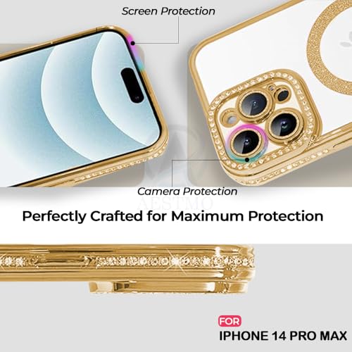 Image of AESTMO Back Cover for iPhone 14 Pro Max Compatible with MagSafe | Diamond Glitter Case | Luxury Bling Rhinestone Soft Clear TPU Bumper | Camera Lens Protection Cover for iPhone 14 Pro Max (Gold)