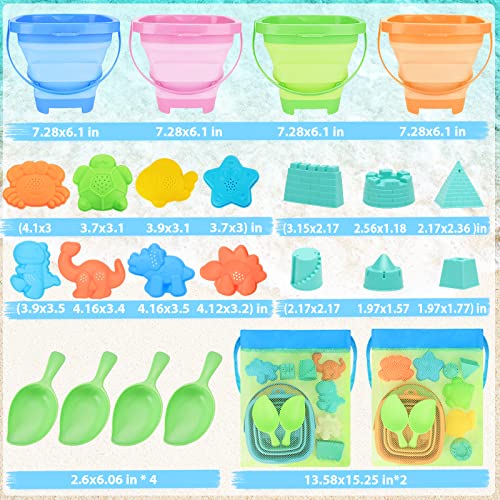 Racpnel Collapsible Beach Buckets & Beach Toys For Kids, Foldable Sand Bucket And Shovels Set With Mesh Bag & Sand Molds, Silicone Beach Sand Pails For Beach Travel, Sand Toys For Kids And Toddlers #TOP6
