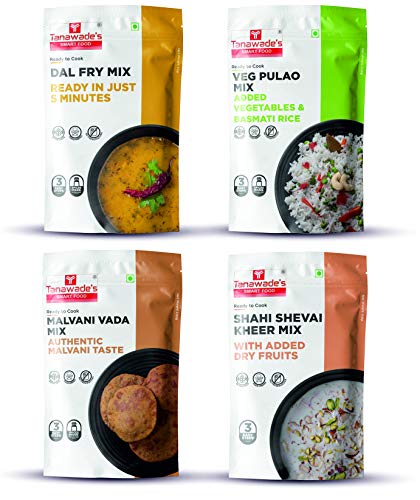 Tanawade’s Smart Food Lunch/ Dinner Combo,(Buy 3 Get 1 Free) Instant Dal Fry, Veg Pulao, Malvani Vada, Shahi Shevai Kheer Mix, Ready to Cook, Home Food & Flavours, Pack of 4 (one of Each)