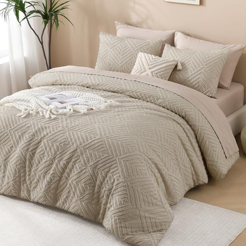 Image of Andency Oatmeal Queen Comforter Set, Lightweight Fluffy Boho Bedding Comforter Set, 3 Pieces Tufted Farmhouse Shabby Chic Bed Set for All Seasons (1 Comforter 90x90In, 2 Pillowcases)