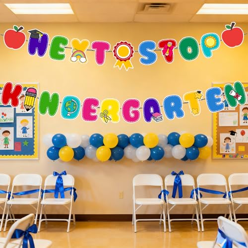 Image of Preschool Graduation Decorations Banner - Pre-Strung Next Stop Kindergarten Garland for Pre K Grad Children Graduate Party Decor