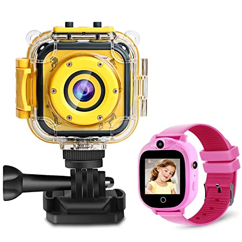 PROGRACE Kids Smartwatch for Girls - Bundled with Kids Camera for Gilrs Underwater Camera Toy Birthday for 3 4 5 6 7 8 9 10 11 12 Years Old Toddler Children
