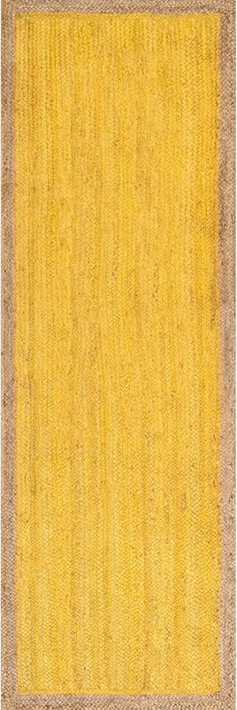 Tapis bohème chic en jute naturelle tressé à la main – Décoration rustique pour salon, salle à manger et chambre à coucher – Jaune – 6,8 x 3 m
