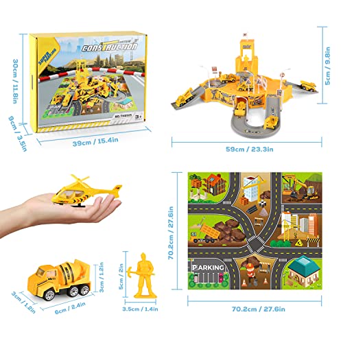 Construction Vehicles Truck Toys Set, Mini Engineering Construction Truck Car Track Parking Lot With Play Mat, Excavator, Helicopter Car Garage Toys Gifts For Boys Kids Girls 3 4 5 6 Years Old #TOP5