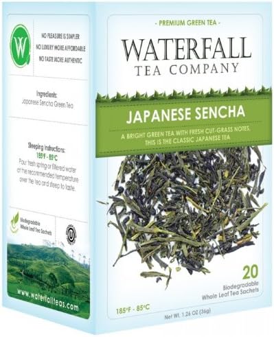 Waterfall Tea Company Japanese Sencha, Biodegradable Whole Leaf Pyramid Tea Sachets, 20 Counts